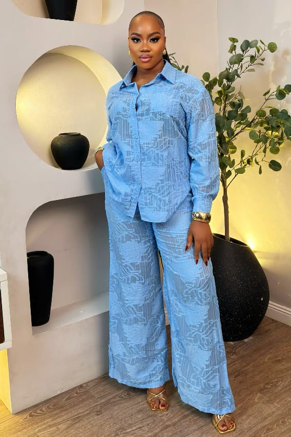 Bleu Élise set by STERA FASHION showing a stylish blue clothing ensemble on a model.
