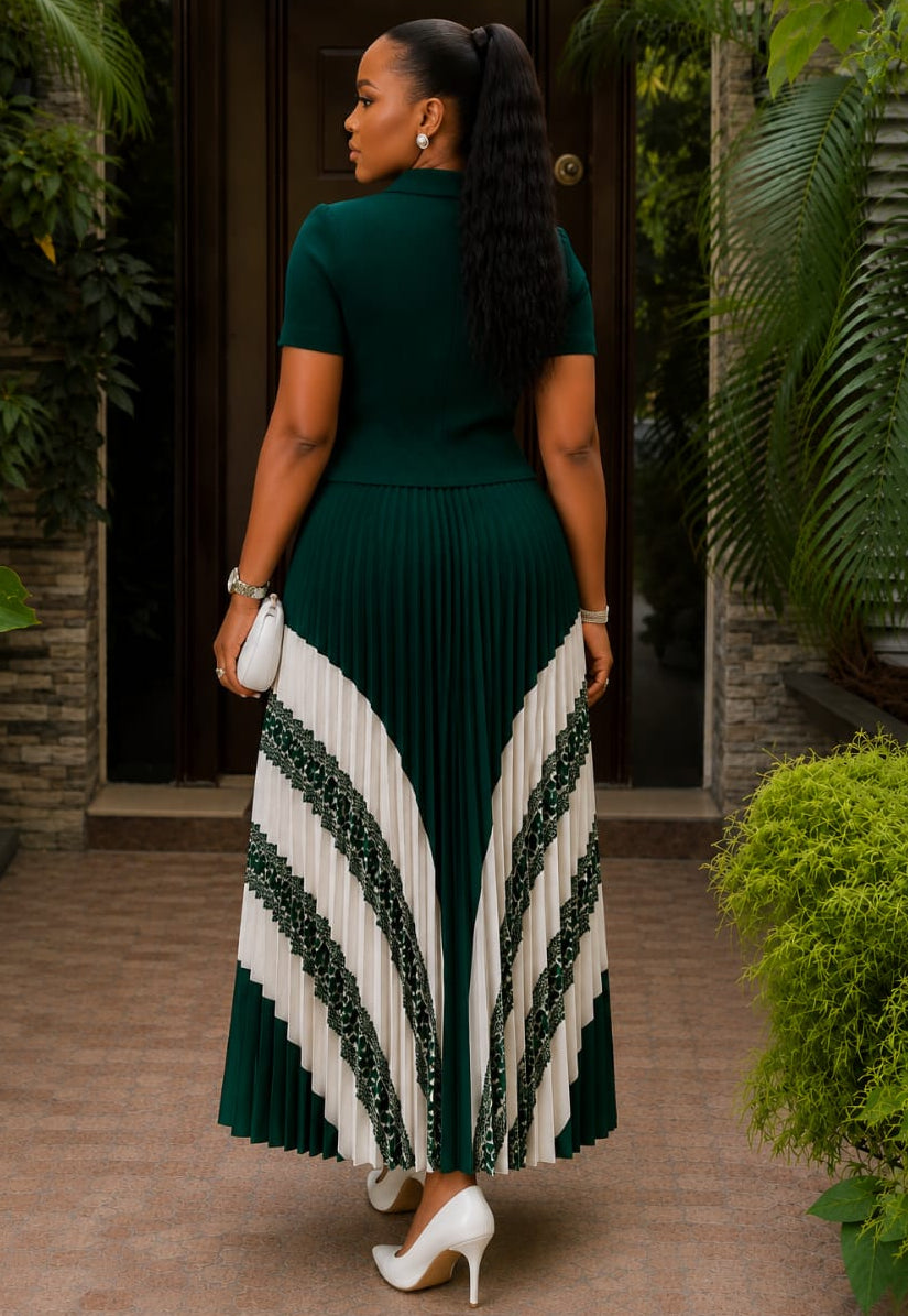 Emerald pleated luxe set by STERA FASHION featuring a stylish, high-quality pleated top and matching pants.
