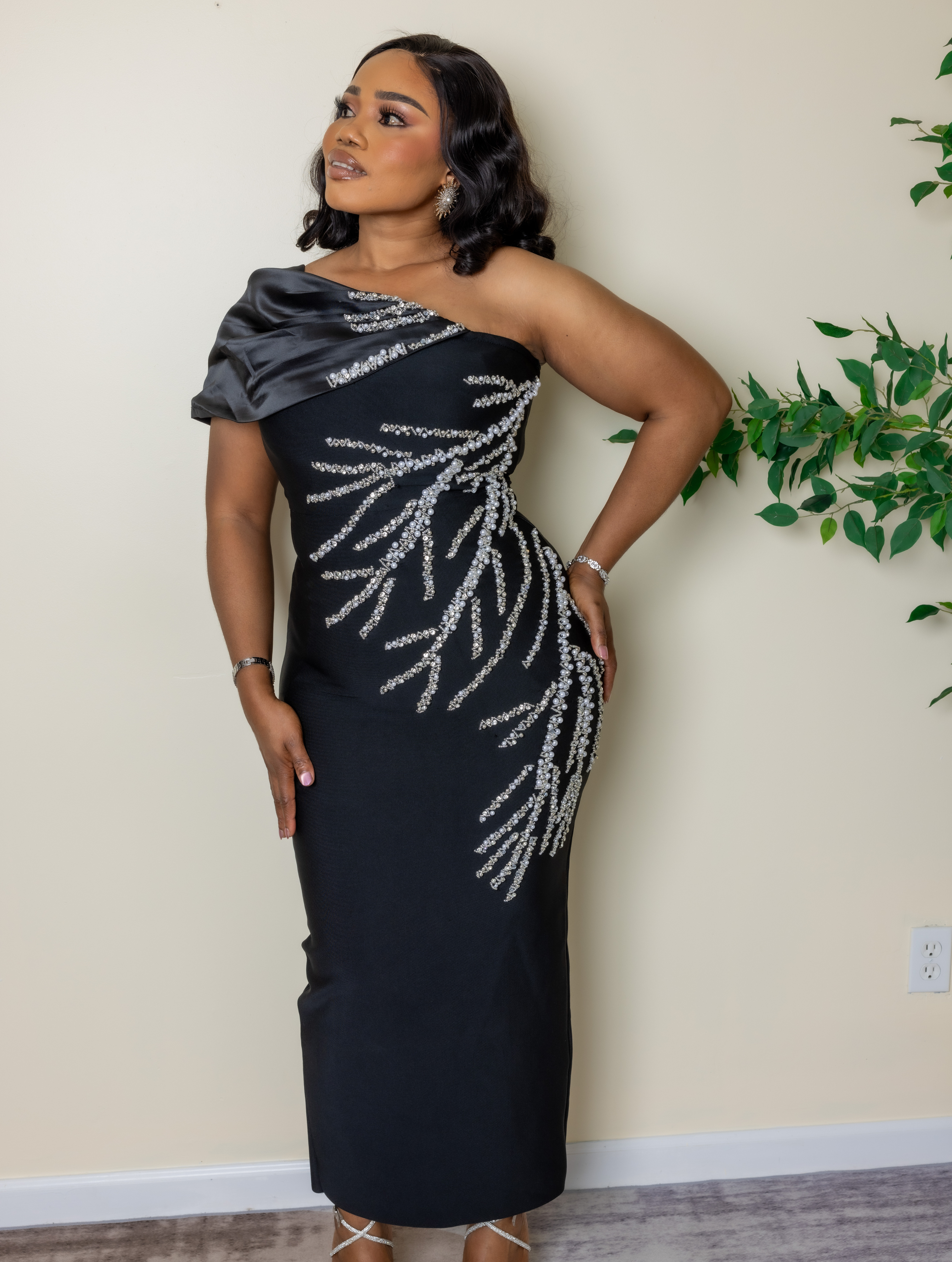 Radiant Luxe Wrap – Off-Shoulder Gemstone Bandage Dress