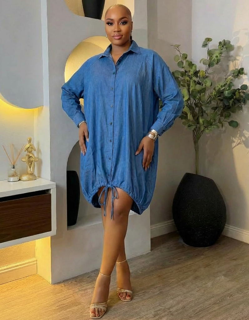 Light blue denim oversize shirt dress from STERA FASHION BOUTIQUE with long sleeves and a relaxed fit, styled for casual wear.