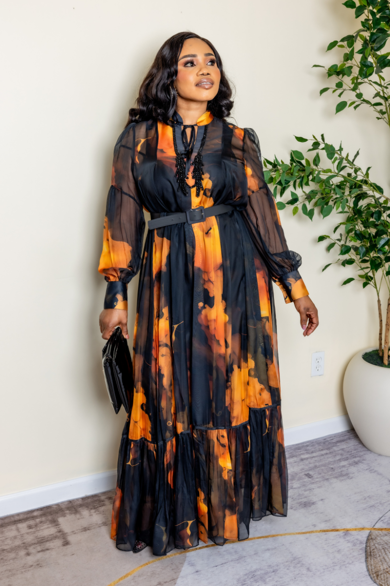 Rich Sunset Belle – 3-Piece floral tie-dye long-length dress (Dress + Under Slip + Belt)