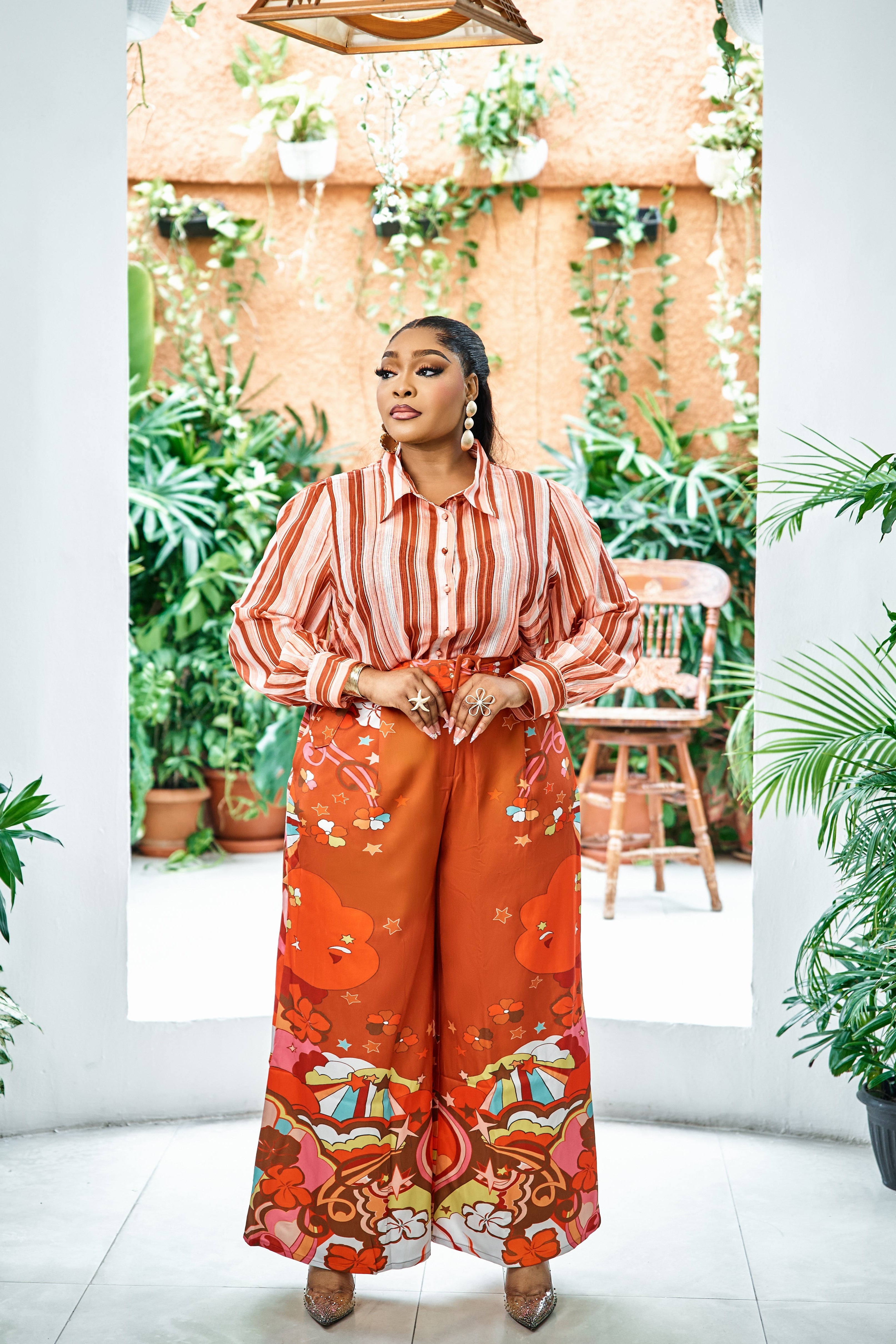 Sterra Fashion Portofino Sunset Palazzo Set featuring flowing fabric and vibrant sunset-inspired patterns in a stylish, comfortable design.