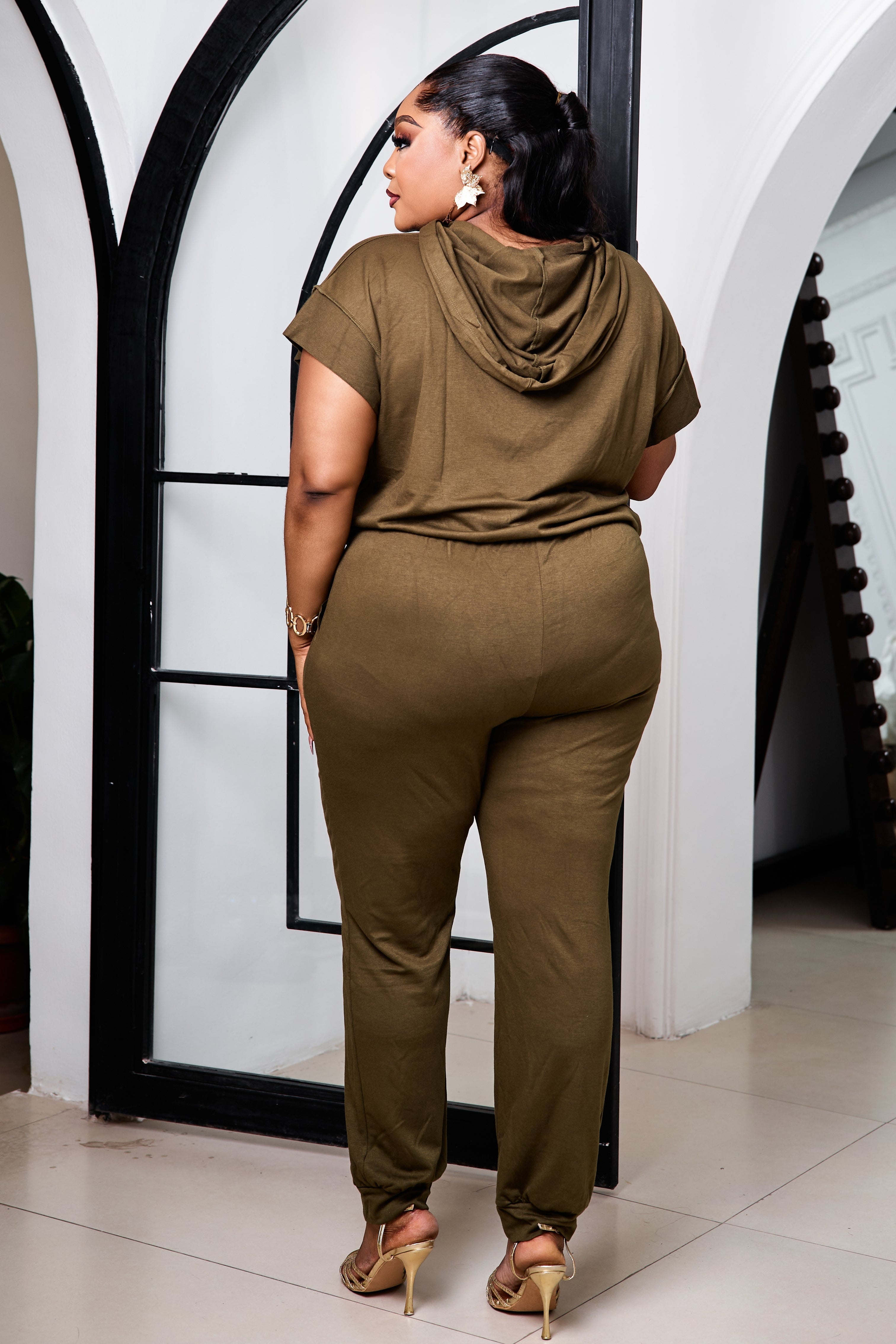Olive green STERA FASHION Olive Royale Lounge Set displayed on a model, showing comfortable, stylish casual wear.