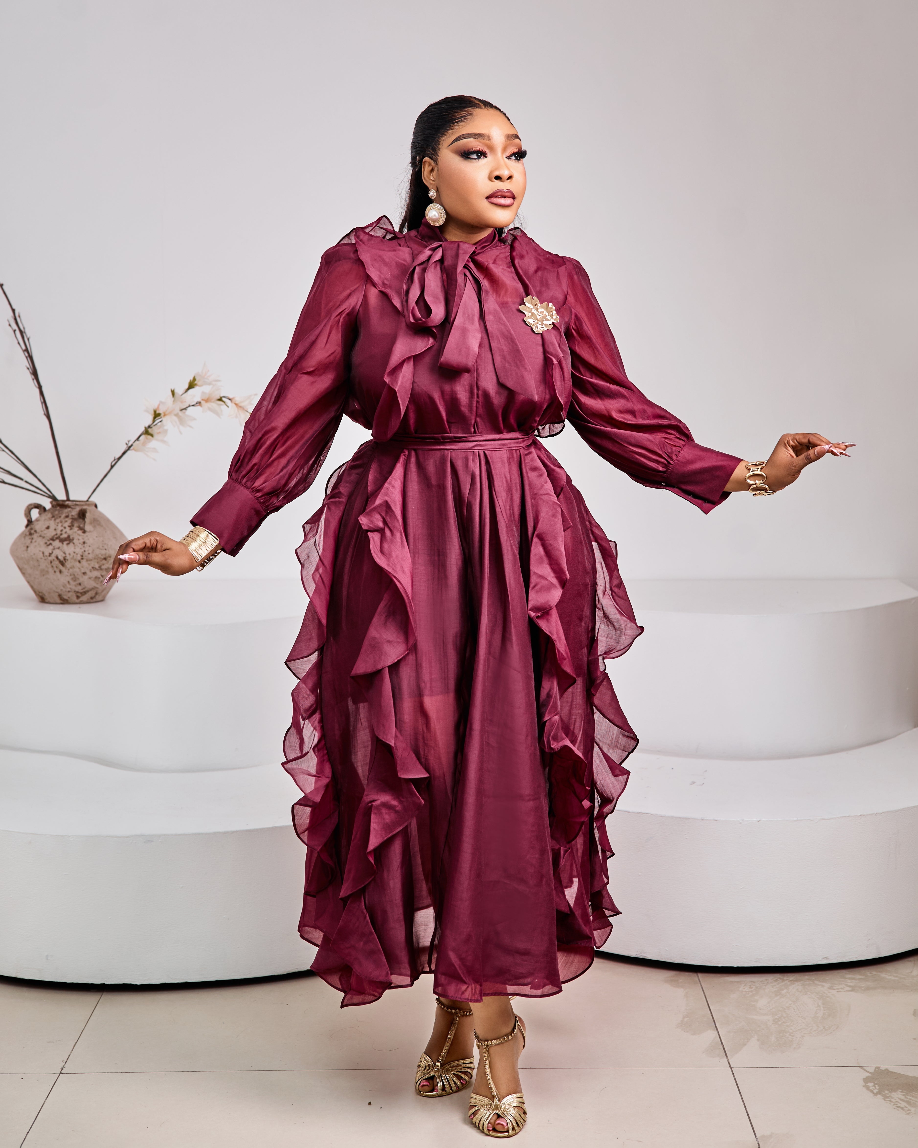 Tuscan Bordeaux Ruffle Dress