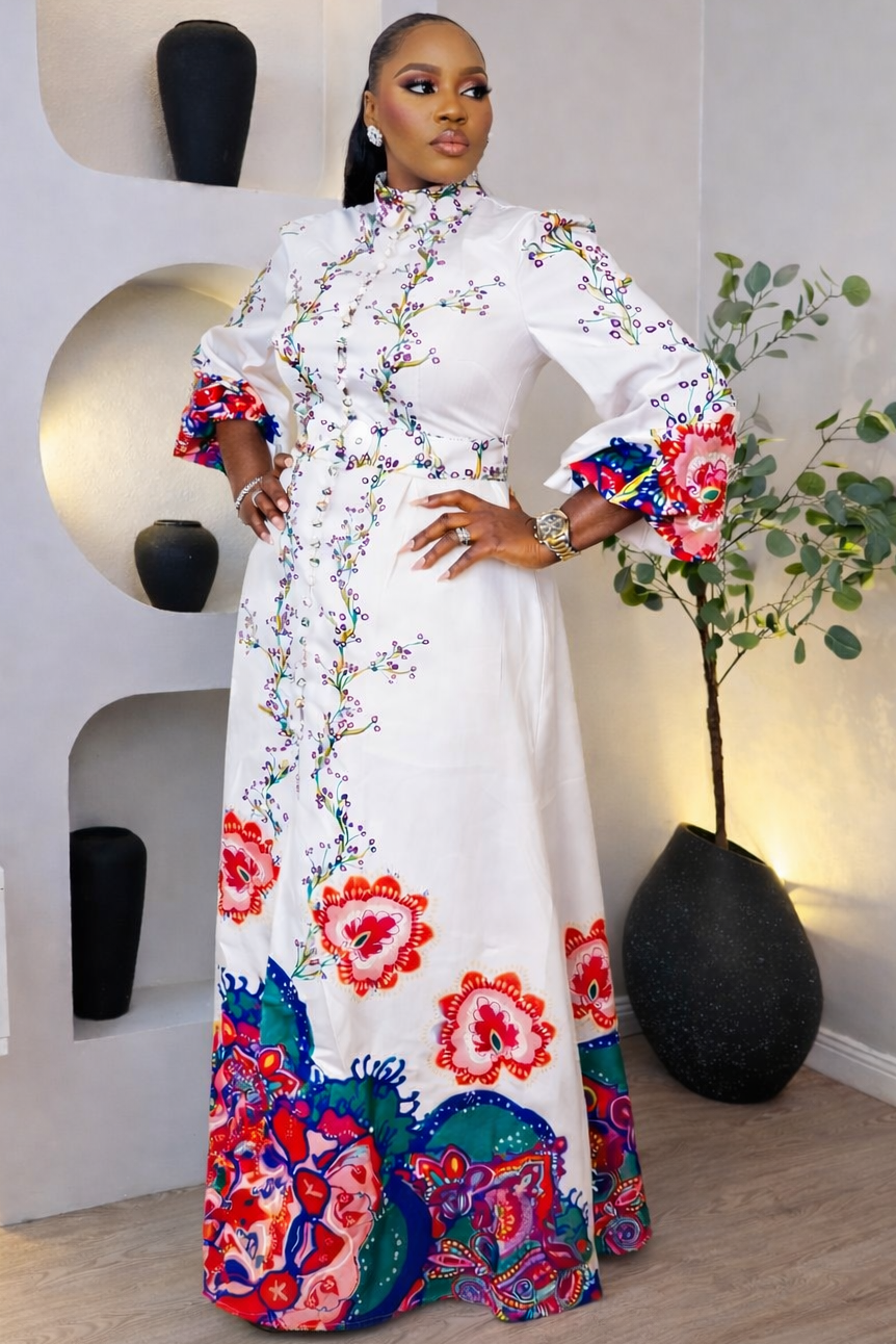 Colorful Petal Tapestry Maxi dress by STERA FASHION BOUTIQUE, featuring vibrant floral patterns and flowing fabric.
